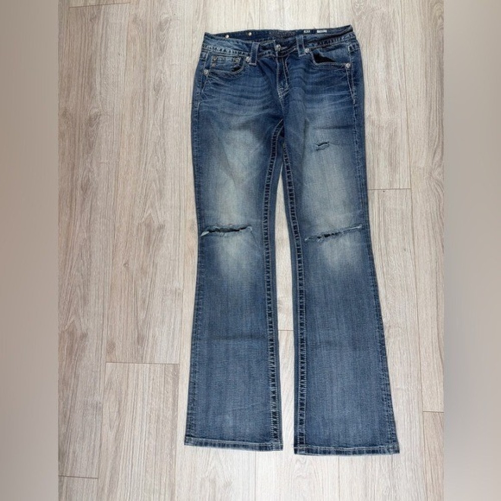Miss Me Bootcut Jeans‎ Distressed Fleur De Lis Embellished Mid Ride Sz 31 Y2K